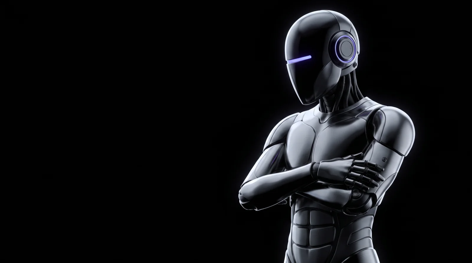 The AgentWaves Chief of Staff: a black chrome humanoid Agent with its arms crossed, a thin violet light across its faceless visor and a violet ring glowing on its ear as it takes a call and looks up, ready to decide.