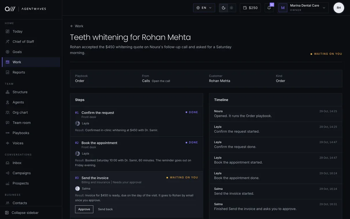 A case page with its playbook steps, one waiting for approval, and its timeline