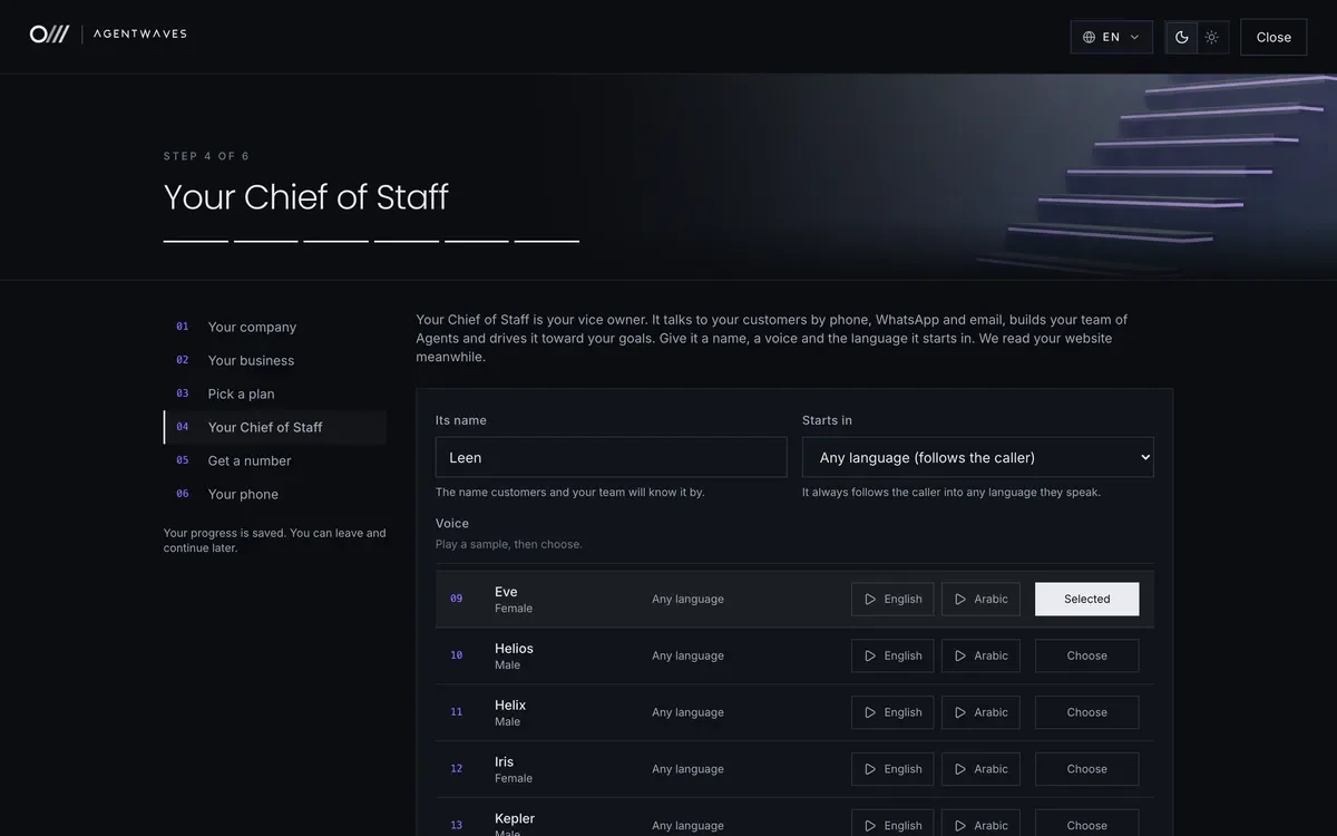 The onboarding step where the Chief of Staff gets its name, voice and greeting