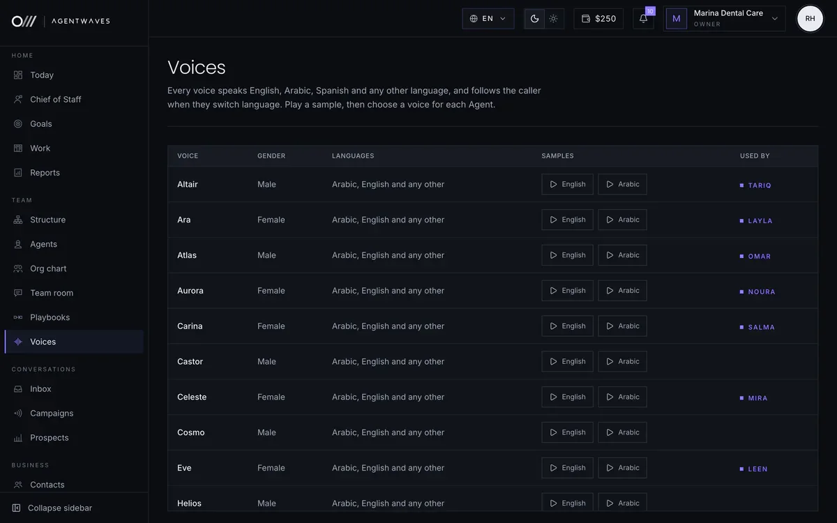 The voices list with language samples and the Agent using each voice